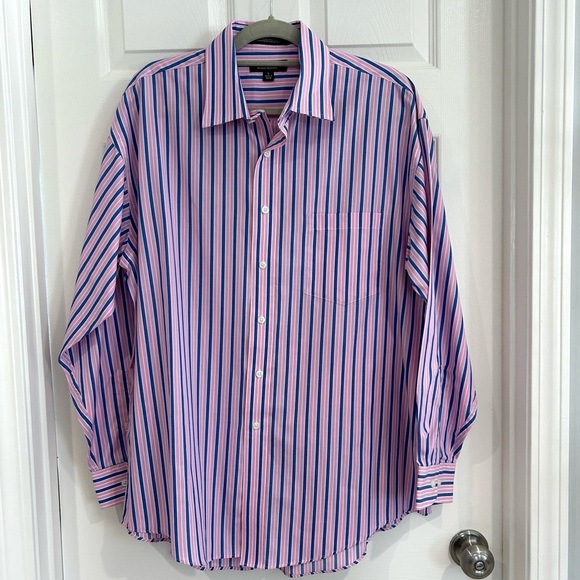 Croft & Barrow Mens Pink Blue Striped Button Up Dress Shirt Sz L 16.5/17 Classic - Picture 1 of 13